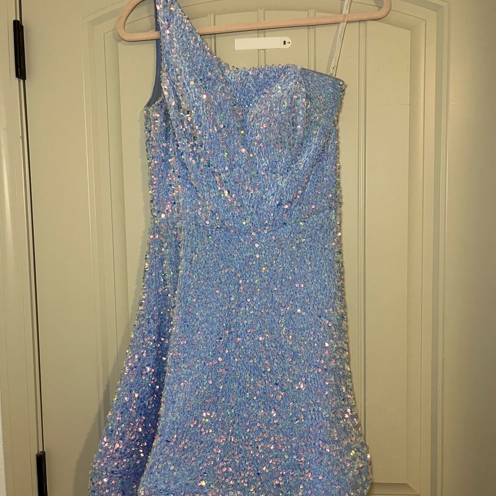 One Shoulder Blue Sequin Dress